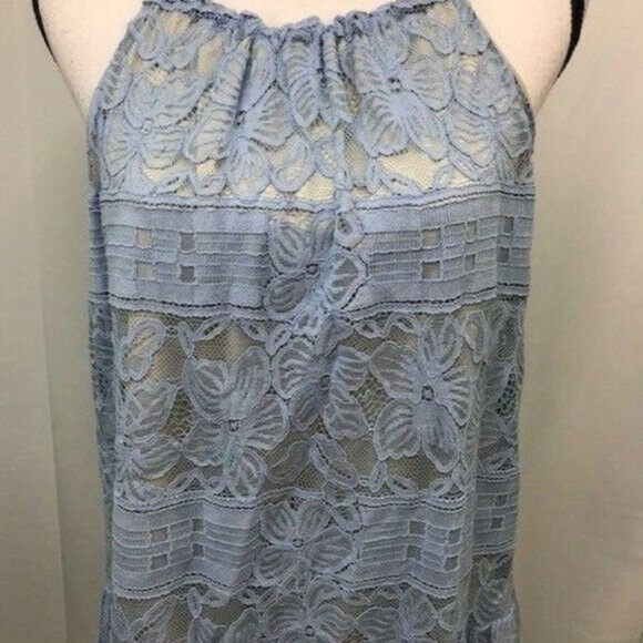 NWT Alfani Womens Light Blue Lace Overlay Halter Blouse 12 - Picture 2 of 8